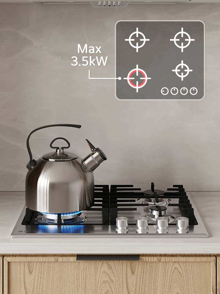 Black gas cooktop with blue flame burner boiling kettle, highlighting max 3.5 kW power for fast heating and powerful boost performance.