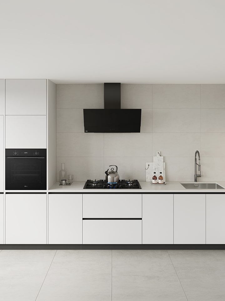 Modern kitchen interior featuring a built-in black gas cooktop with flame burner, integrated oven and wall-mounted hood.