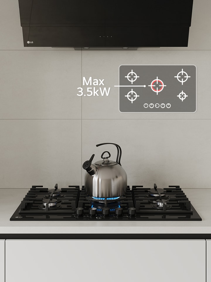 Black gas cooktop with blue flame burner boiling kettle, highlighting max 3.5 kW power for fast heating and powerful boost performance.