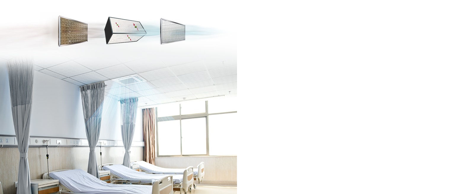 An image of air conditioner with three filters on the ceiling and a patient room with air conditioning on.