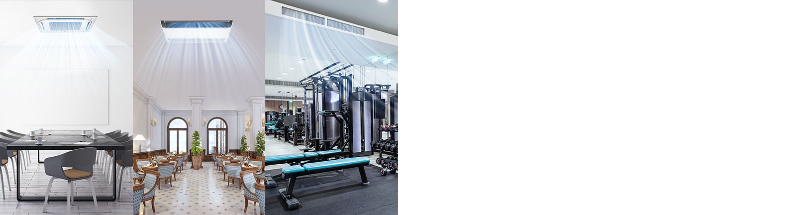 Three Images of a coffee shop, a restaurant and a gym with air conditioning on.