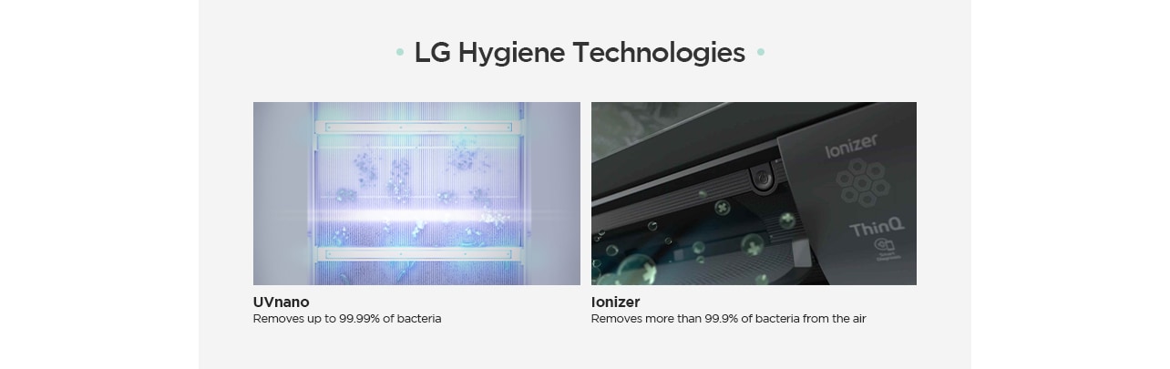 LG Hygiene Technologies  Ionizer Removes more than 99.9% of bacteria from the air UVnano Removes up to 99.99% of bacteria