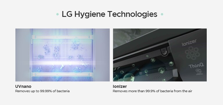 LG Hygiene Technologies  Ionizer Removes more than 99.9% of bacteria from the air UVnano Removes up to 99.99% of bacteria