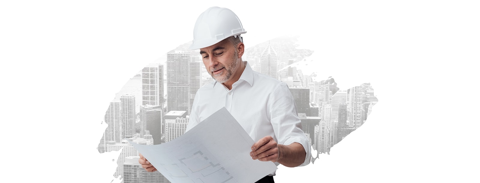 HVAC Consultant in a safety helmet looking at the blueprint.