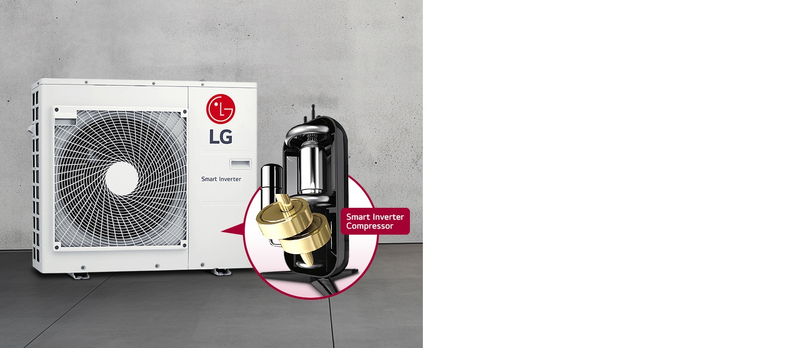 An LG Smart Inverter outdoor unit zooms in to reveal the complex interior of its Compressor.