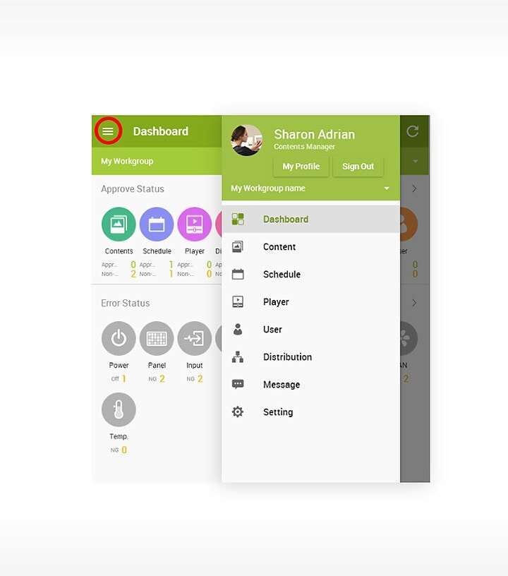 The SuperSign M sliding menu
