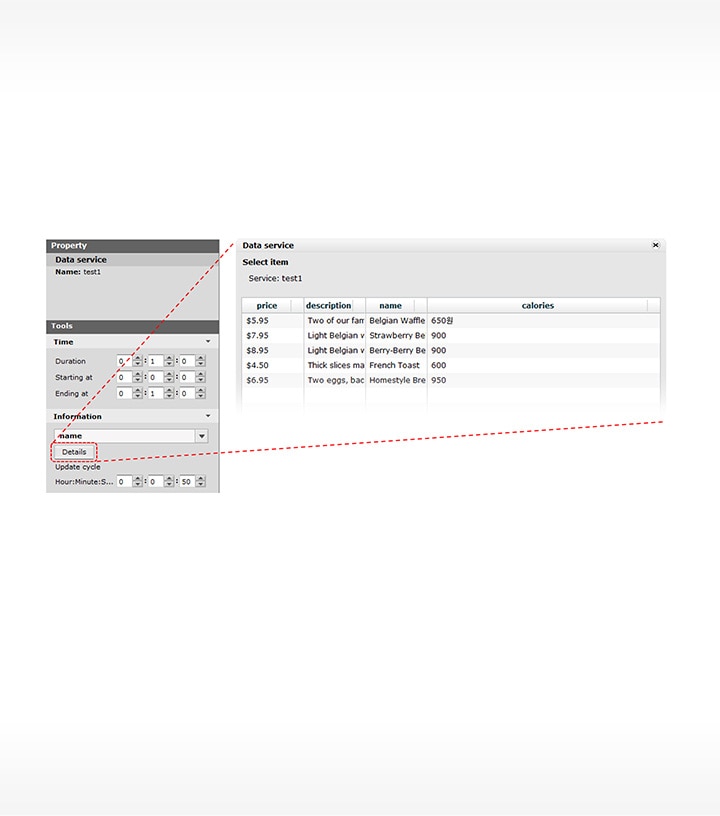 The SuperSign N detail view of data service