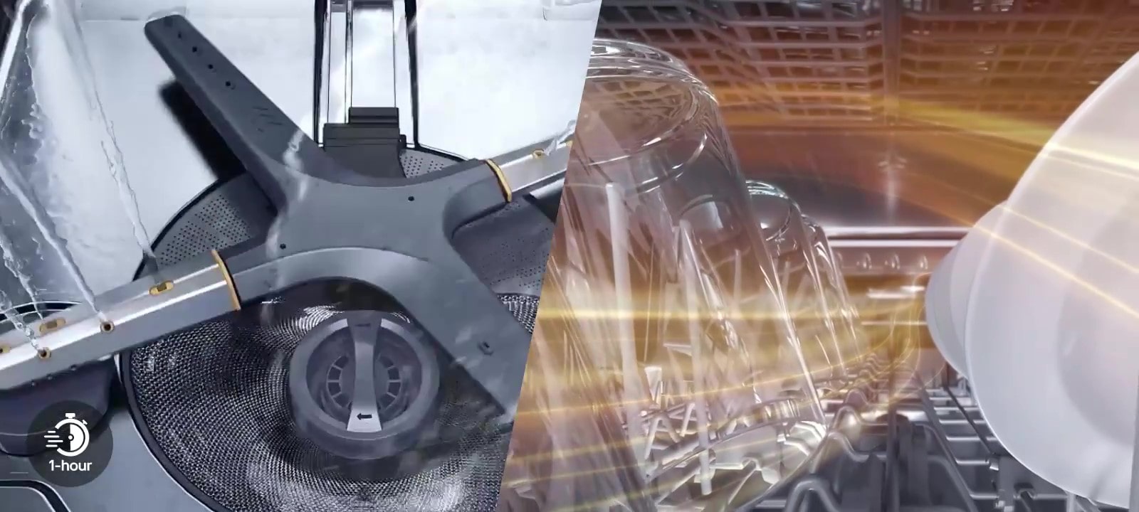 Inside view of dishwasher showing steam cleaning, followed by water spraying, and then hot air circulation