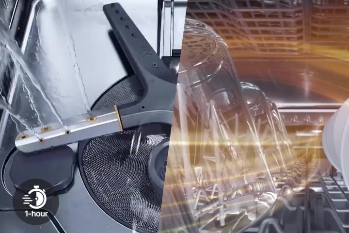 Inside view of dishwasher showing steam cleaning, followed by water spraying, and then hot air circulation