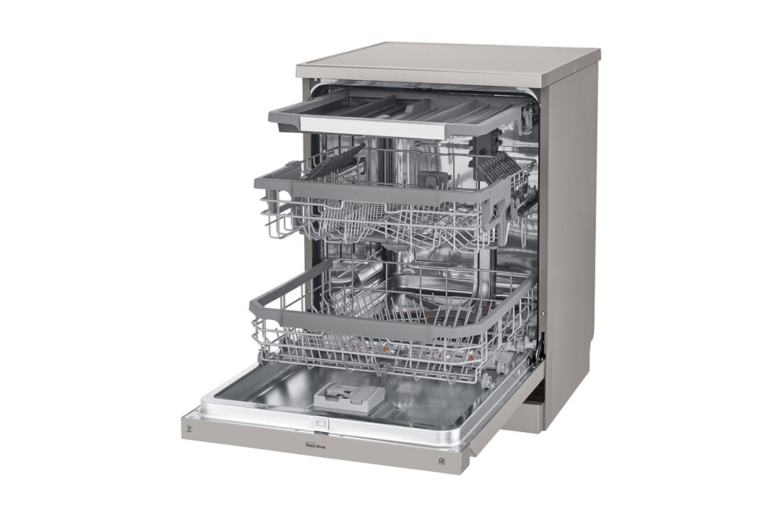 LG New QuadWash Steam Dishwasher, Inverter Direct Drive, Easy Rack plus, Platinum Silver Color, Right side view with open door, DFC435FP, thumbnail 7