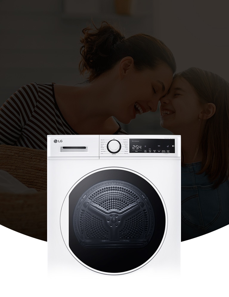 There is a dryer on the background of a smiling father and daughter.