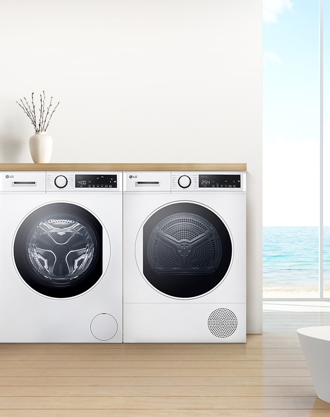 Washing machines and dryers are arranged in parallel in the interior background.