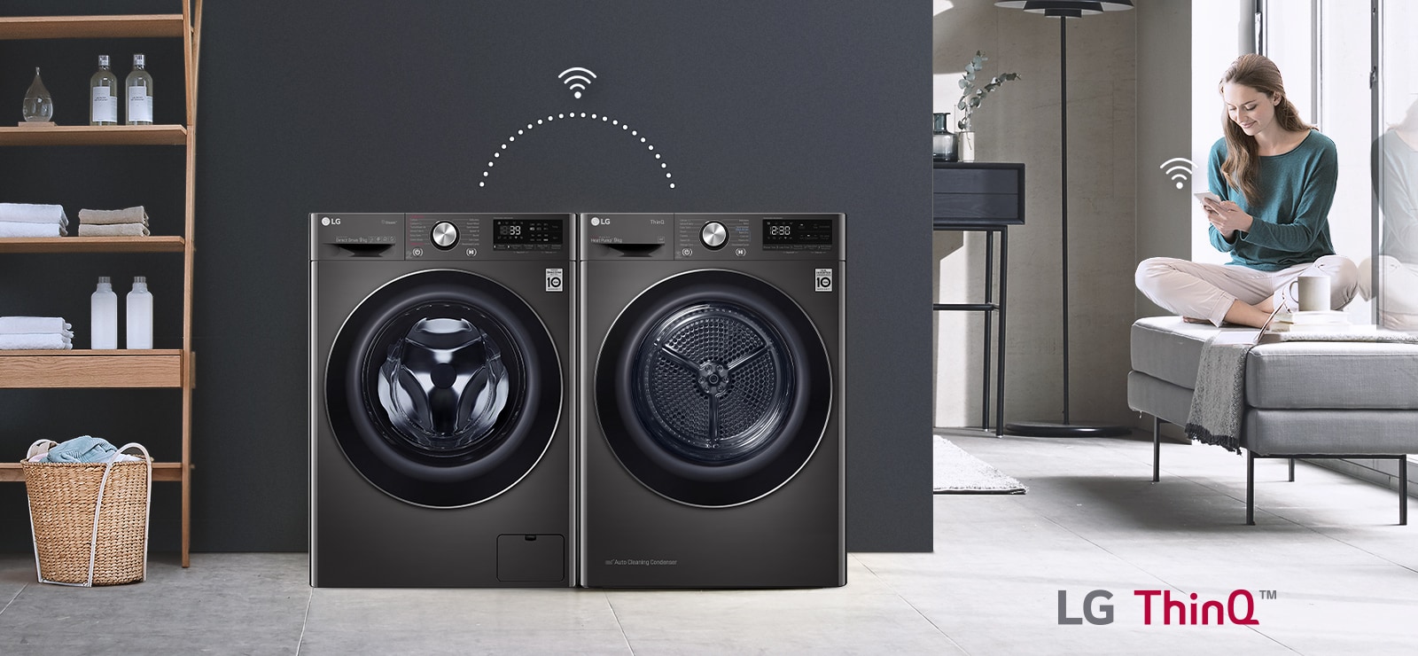 User just sits on the couch and controls dryer and Washer (washing machine) by LG ThinQ app.