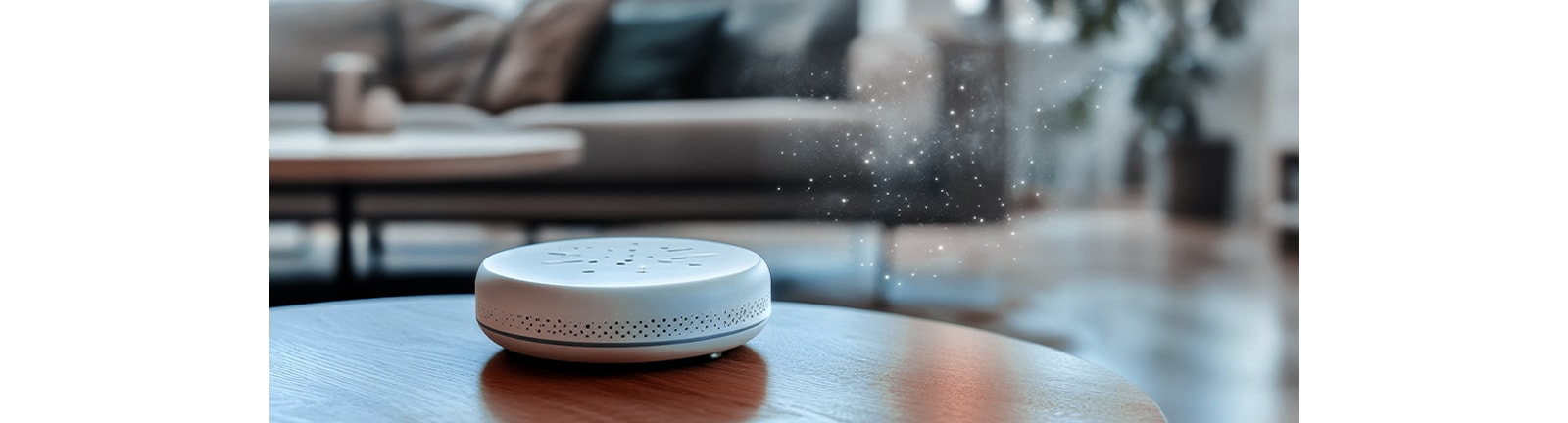 Indoor air quality monitor on a table in a modern home detecting airborne pollutants
