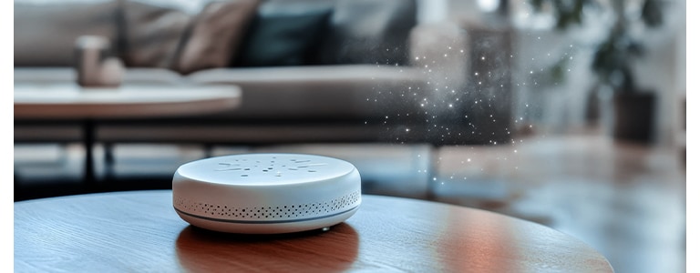Indoor air quality monitor on a table in a modern home detecting airborne pollutants