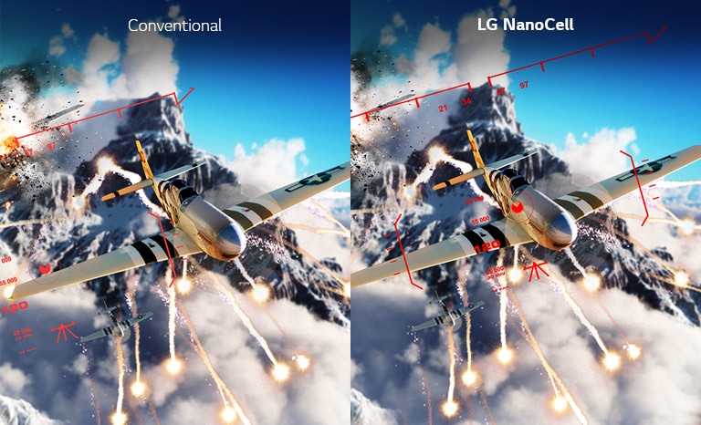 A scene from a shooting game shown half on a conventional TV with normal input lag and half on an LG NanoCell TV with low input lag.