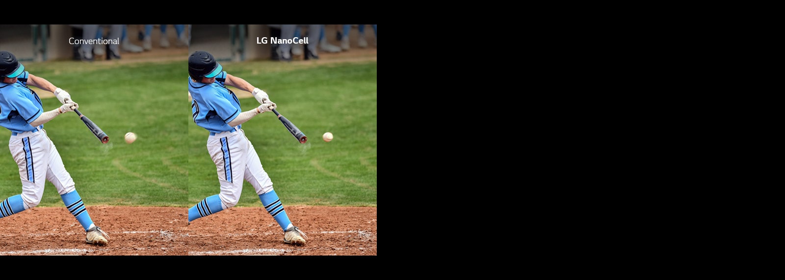 A scene of a baseball game is shown half on a conventional TV with motion blur and half on an LG NanoCell TV without motion blur.