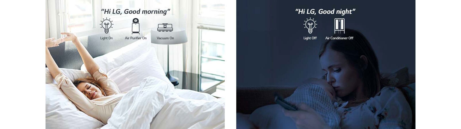 A woman in bed waking up in the morning (left) and with a baby at night (right).