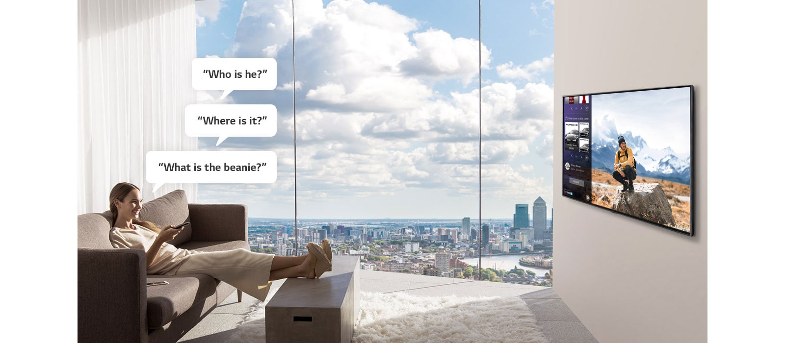 A Woman watching and asking TV, "Who is he?", "Where is it?", and "What is the beanie?" 