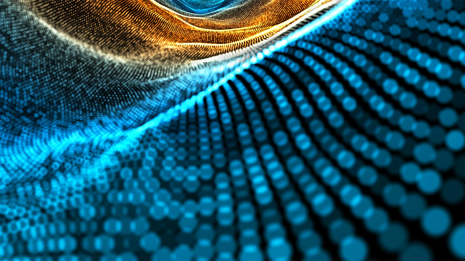 There is a seamless Abstract digital blue and gold color wave with flowing small particles dance motion on wave and light abstract background.