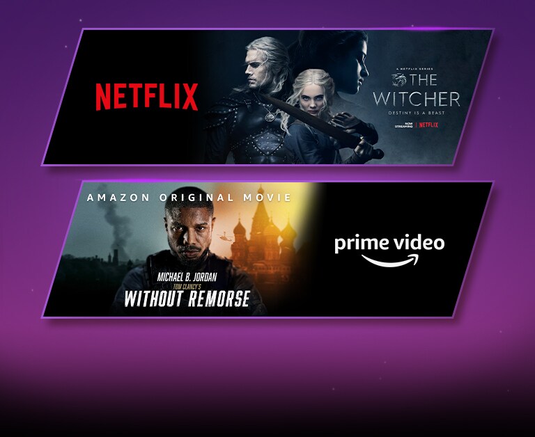 There are 2 image blocks – each with streaming platform logo and footage image. Netflix logo with the Witcher and prime video logo with Without Remorse.