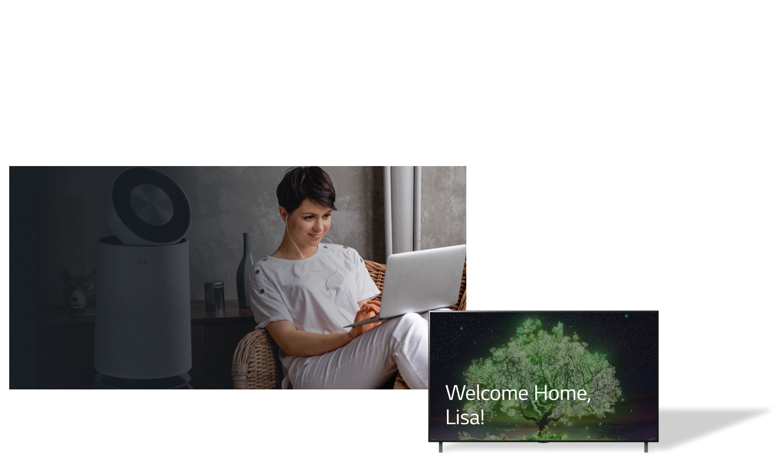 Image shows a woman seated in a chair at home and typing on a laptop. Behind her is an air purifier. Next to her is a flat screen TV displaying the words "Welcome Home, Lisa!"