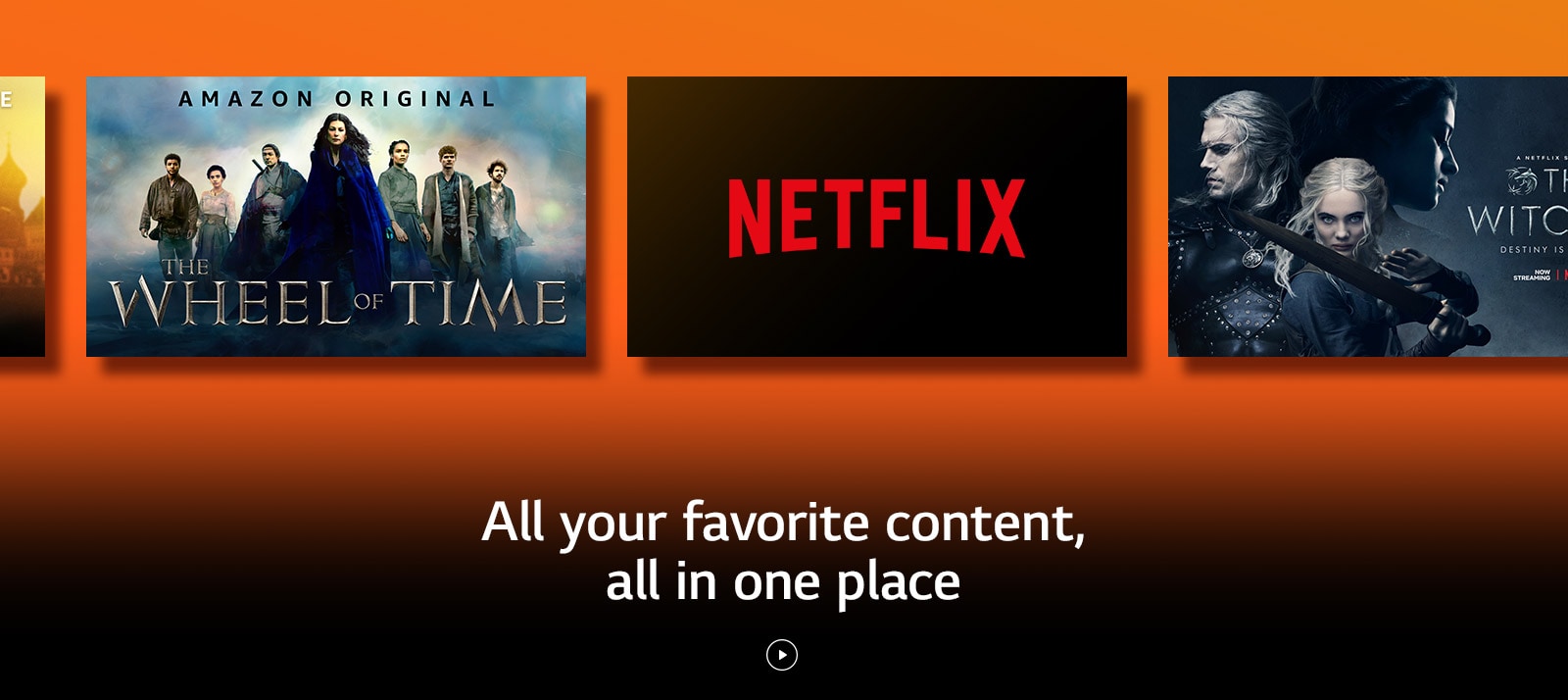 There are logos of streaming service platforms and matching footages right next to each logo. Netflix logo and money heist and the Witcher. Prime Video logo and Without Remorse and The Wheel of Time. Livenow logo and mamamoo teaser image and OneUs teaser image. 