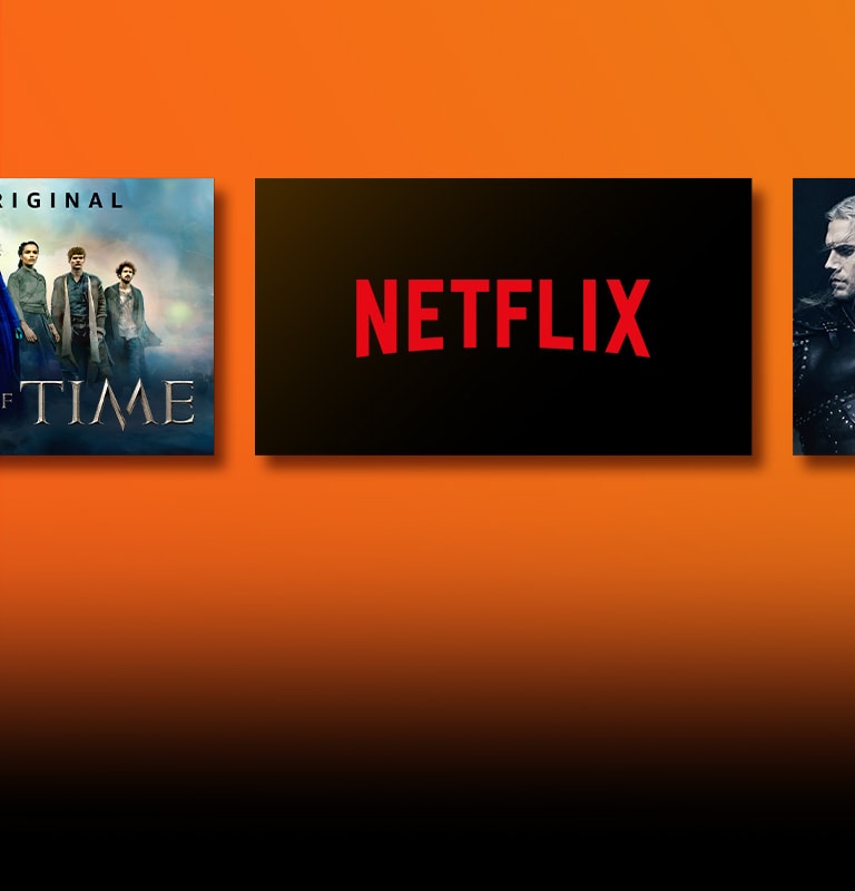 There are logos of streaming service platforms and matching footages right next to each logo. Netflix logo and money heist and the Witcher. Prime Video logo and Without Remorse and The Wheel of Time. Livenow logo and mamamoo teaser image and OneUs teaser image. 