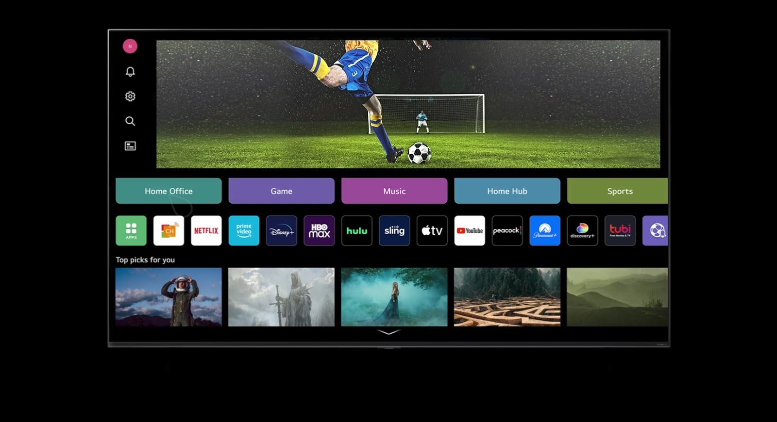 There is a TV screen in a black space, showing the "All New Home" screen. When the profile button is pressed and a different profile is selected, the screen will change to the layout customized for that profile's settings.