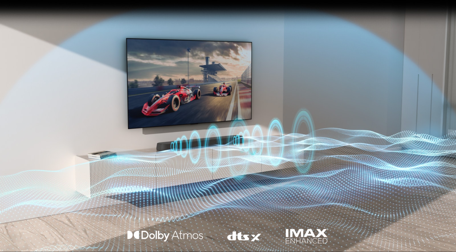A TV is mounted on the wall and a soundbar is placed on top of a living room cabinet. The grandeur of the sound that fills the space is expressed through waves and graphic designs.