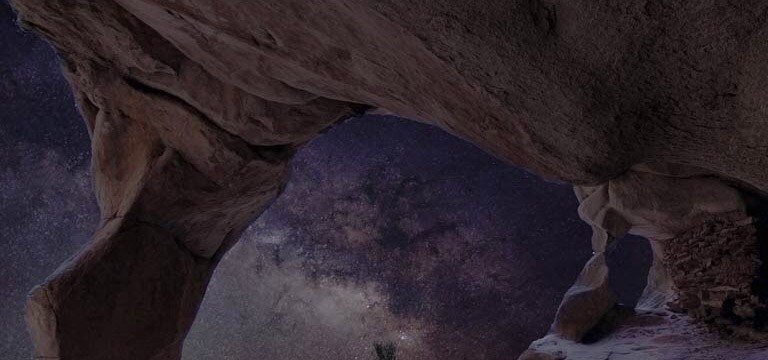 Dull evening nature landscape, view of the night sky from under a rock formation. Graphics appear to show the visual enhancement process of OLED Dynamic Tone Mapping Pro. The resulting landscape has much better contrast, with stars now visible against the night sky, darker blacks, and brighter whites overall. 