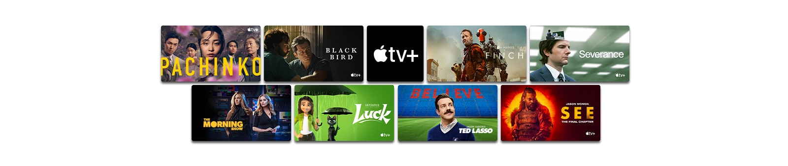 From left, a man in the black background. A girl holding crystal, Apple TV+ logo, A mand and a robot standing in the middle of nowhere, female in the house, Two women are standing next each other, mother and her two childern are running, a man look up to the sky, two men are facing each other.