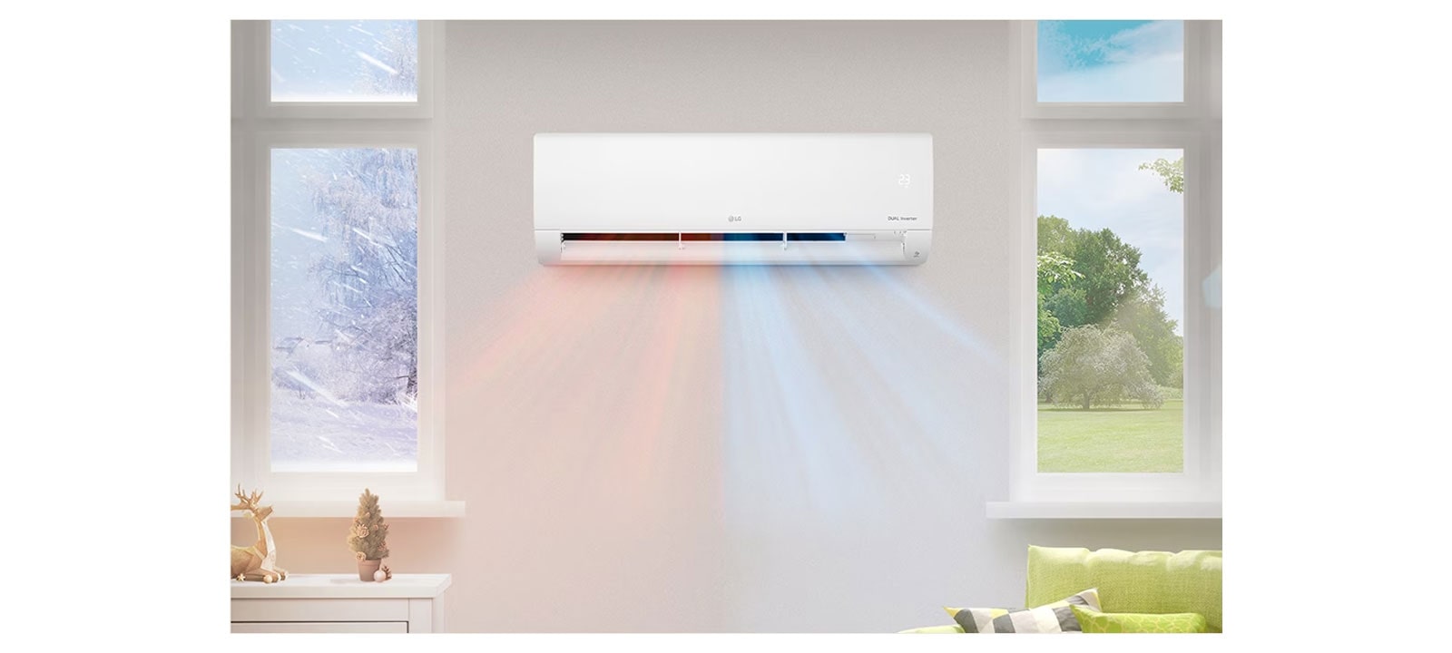 The left side is winter, the right side is summer, and the air conditioner blows cool and warm air at the same time.