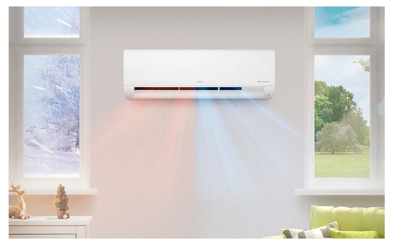 The left side is winter, the right side is summer, and the air conditioner blows cool and warm air at the same time.