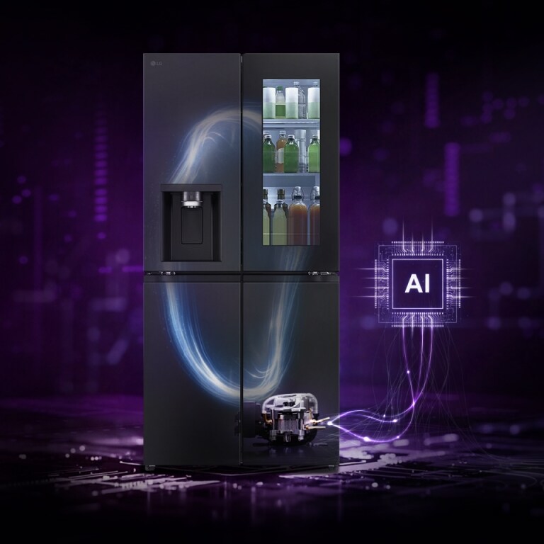 LG refrigerator with visible beverage storage and cooling system illustration, connected to an AI processor icon	