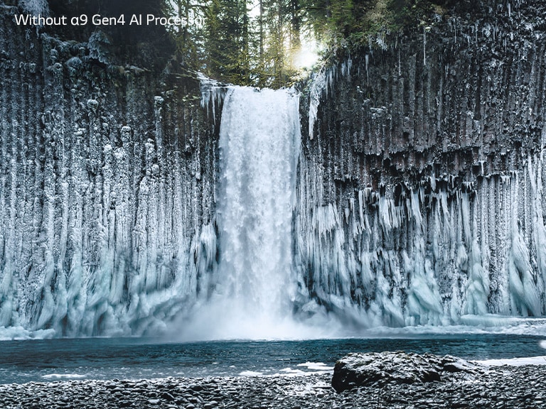 Slider comparison of picture quality of a frozen waterfall in a forest.