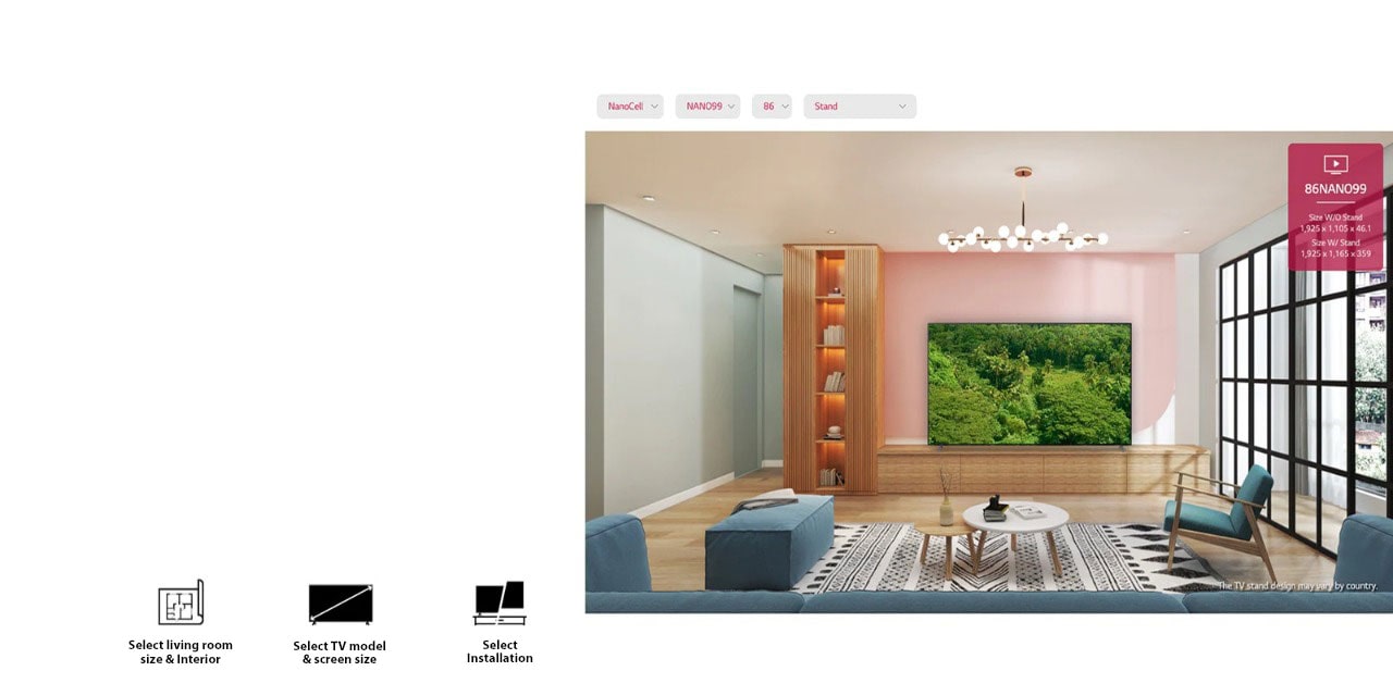 A large flatscreen TV mounted against a pink wall surrounded by natural furnishings. The screen shows a lush forest.
