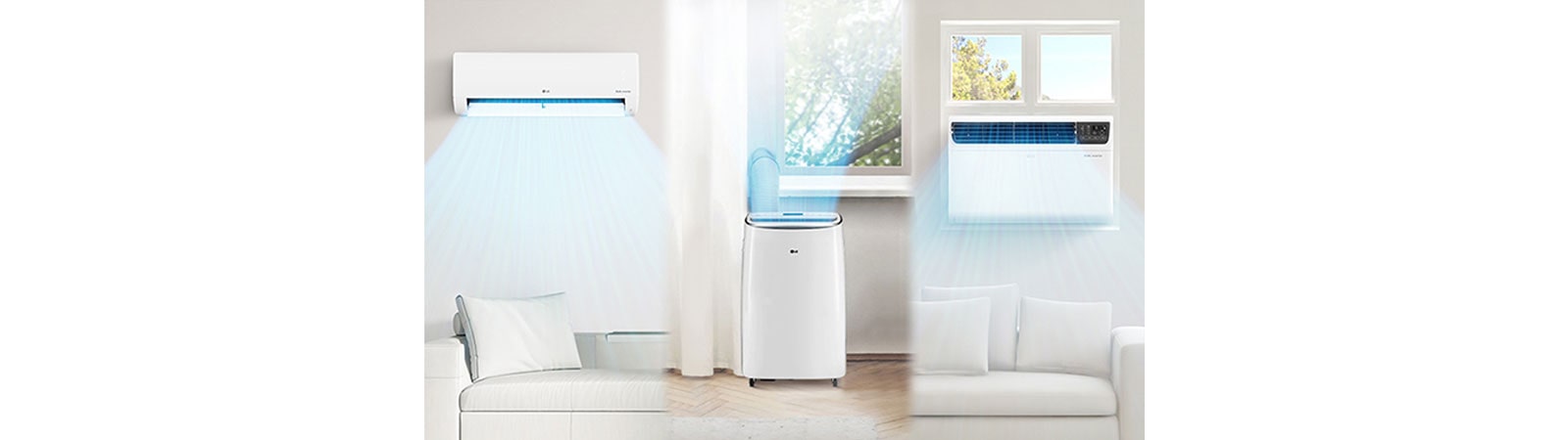 From the left, wall-mounted air conditioners, portable air conditioners, and wall-mounted air conditioners