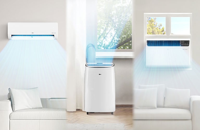 From the left, wall-mounted air conditioners, portable air conditioners, and wall-mounted air conditioners
