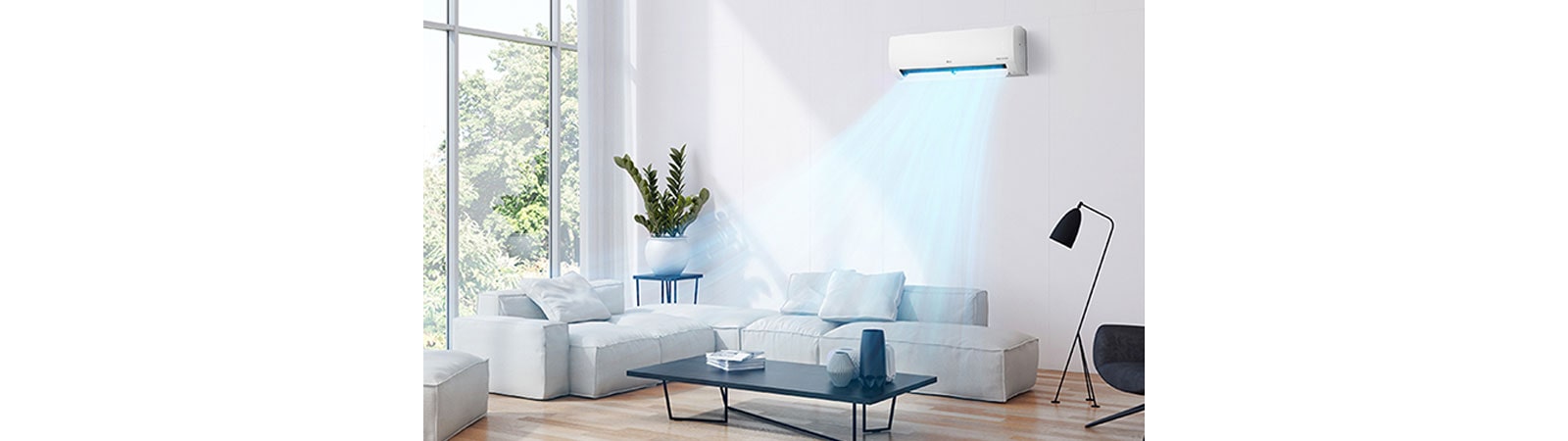 The wind of the air conditioner cools the spacious living room