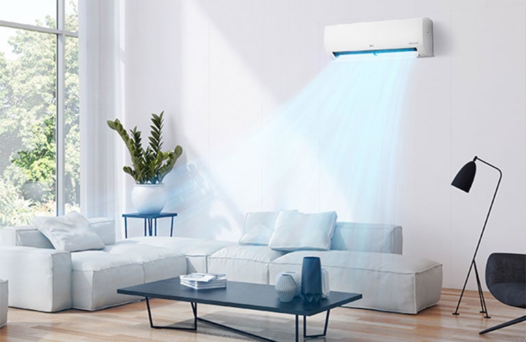 The wind of the air conditioner cools the spacious living room