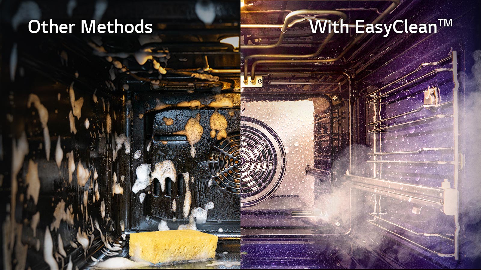 As a split image, the left image shows the inside of the bubbly oven and the right image shows steam coming out of the inside of the oven.