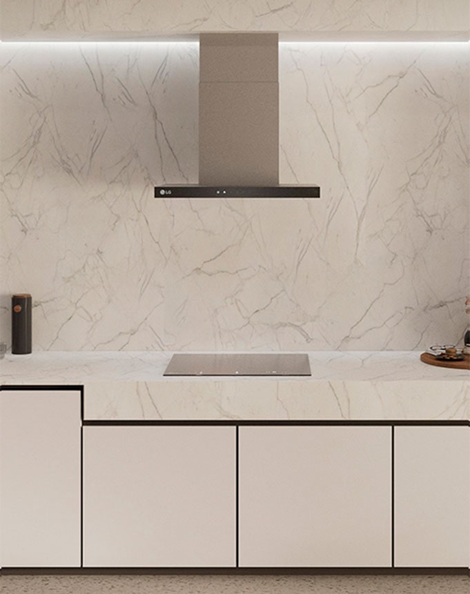 This is an image of the kitchen interior with an LG built-in oven, hood, and Induction hob installed.