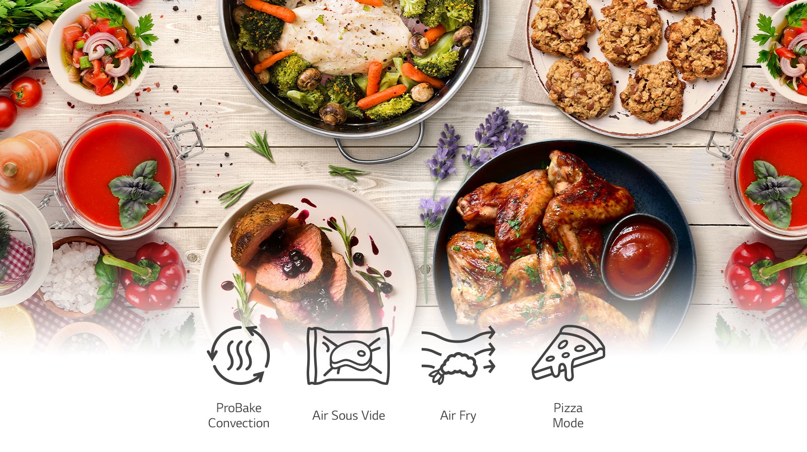 This is an image of steamed chicken breasts, air-fried chicken wings, cookies, and air sous vide steak on the table. Icons representing ProBake convection, air sous vide, air fry, and ProBake steam functions are also included below.