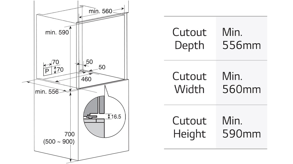 This image shows the dimensions of the oven.