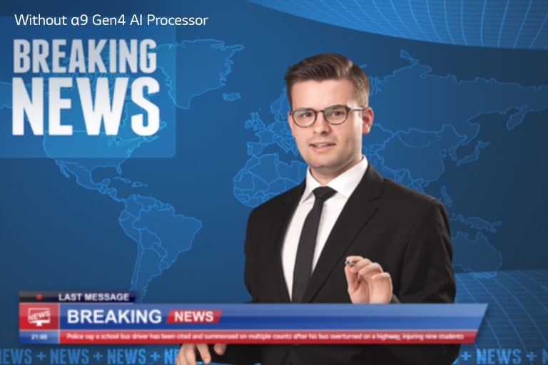 Slider comparison of picture quality of an anchor delivering breaking news with background of world map.