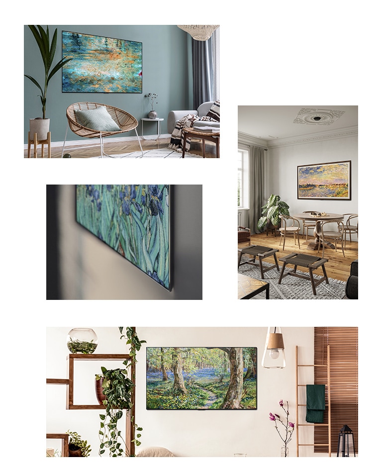 A TV displaying a painting is hung on the wall in a living room with a chair, a sofa, and a flowerpot. A close up of the edge of a slim design TV displaying a painting. A TV displaying a painting is hung on the wall in a living room with a table, chairs, and a flowerpot. A TV displaying a painting is hung on the wall in a living room with flowerpots and a ladder.