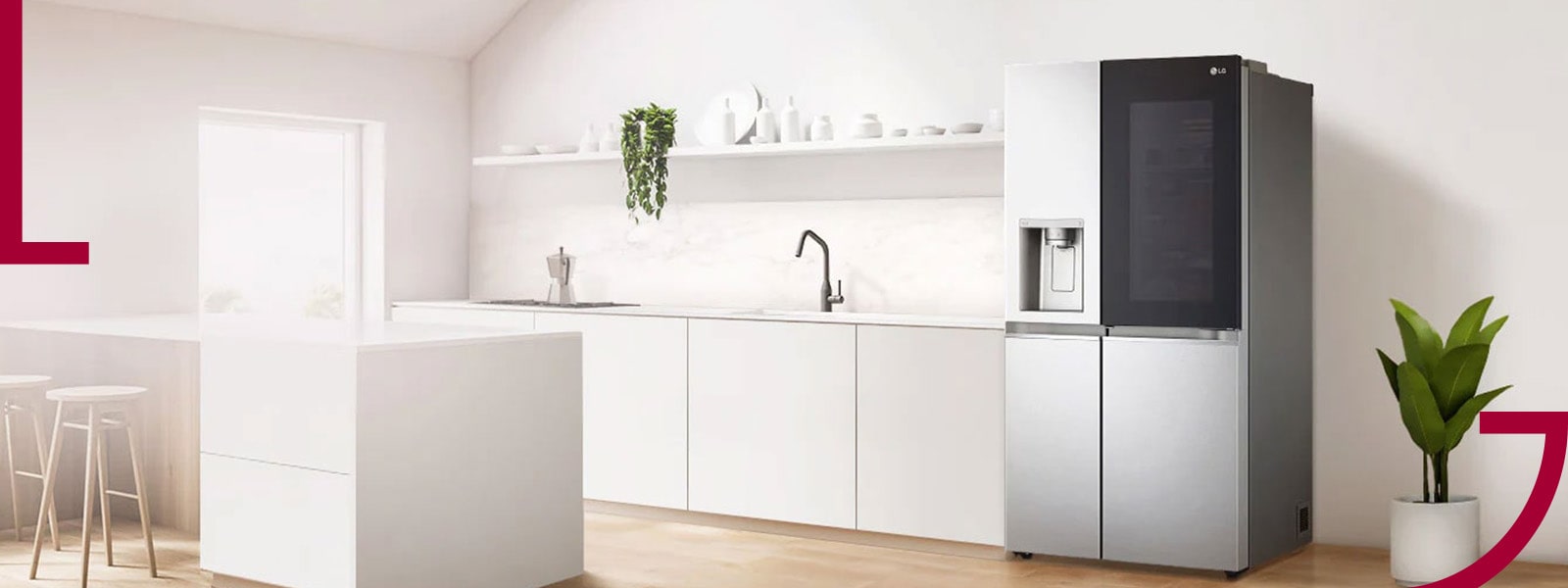 An LG refrigerator with one side of doors open displaying produce and drinks inside is in the background along with a magnified image of fresh produce. Just in front of it is the LG Inverter Linear Compressor with a blue neon oval showing the energy from the machine in the refrigerator. Also in the image is a man and woman smiling at each other as the man holds an energy usage chart for the refrigerator.