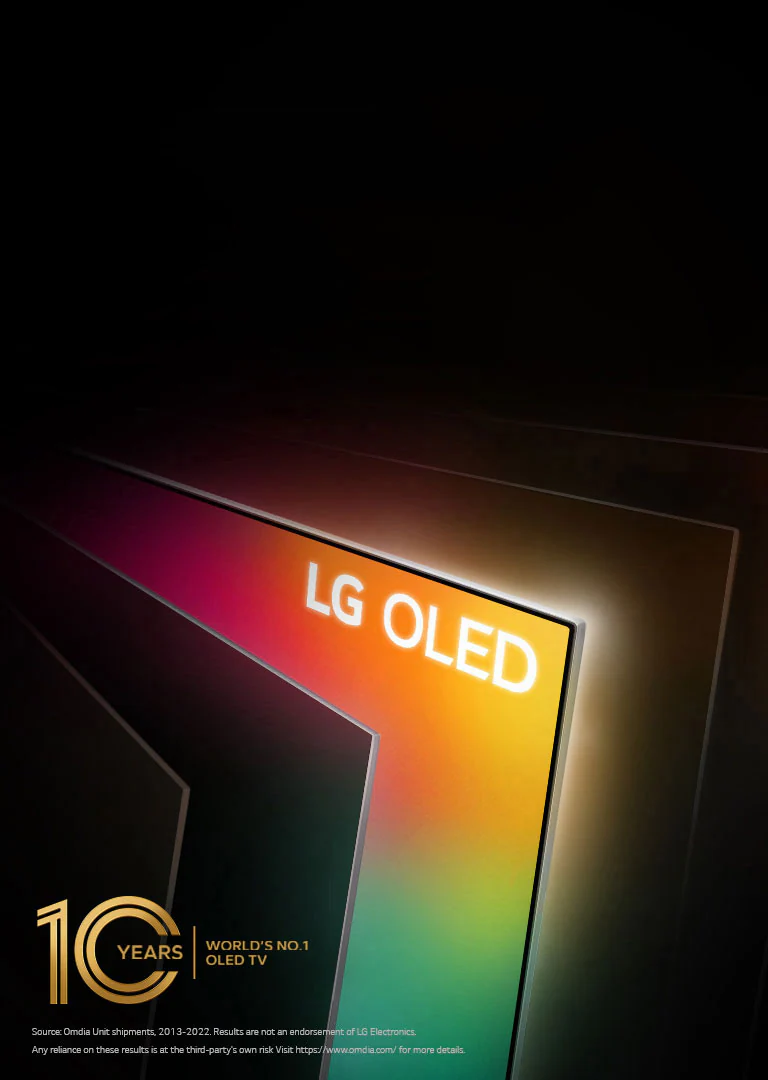 An angled bird's eye view of a row of televisions spanned out like the pages of a book. All the televisions are black, except one filled with bright colors and the words "LG OLED."