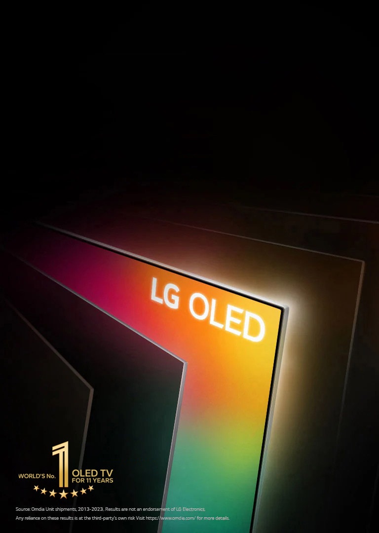 An angled bird's eye view of a row of televisions spanned out like the pages of a book. All the televisions are black, except one filled with bright colors and the words "LG OLED."